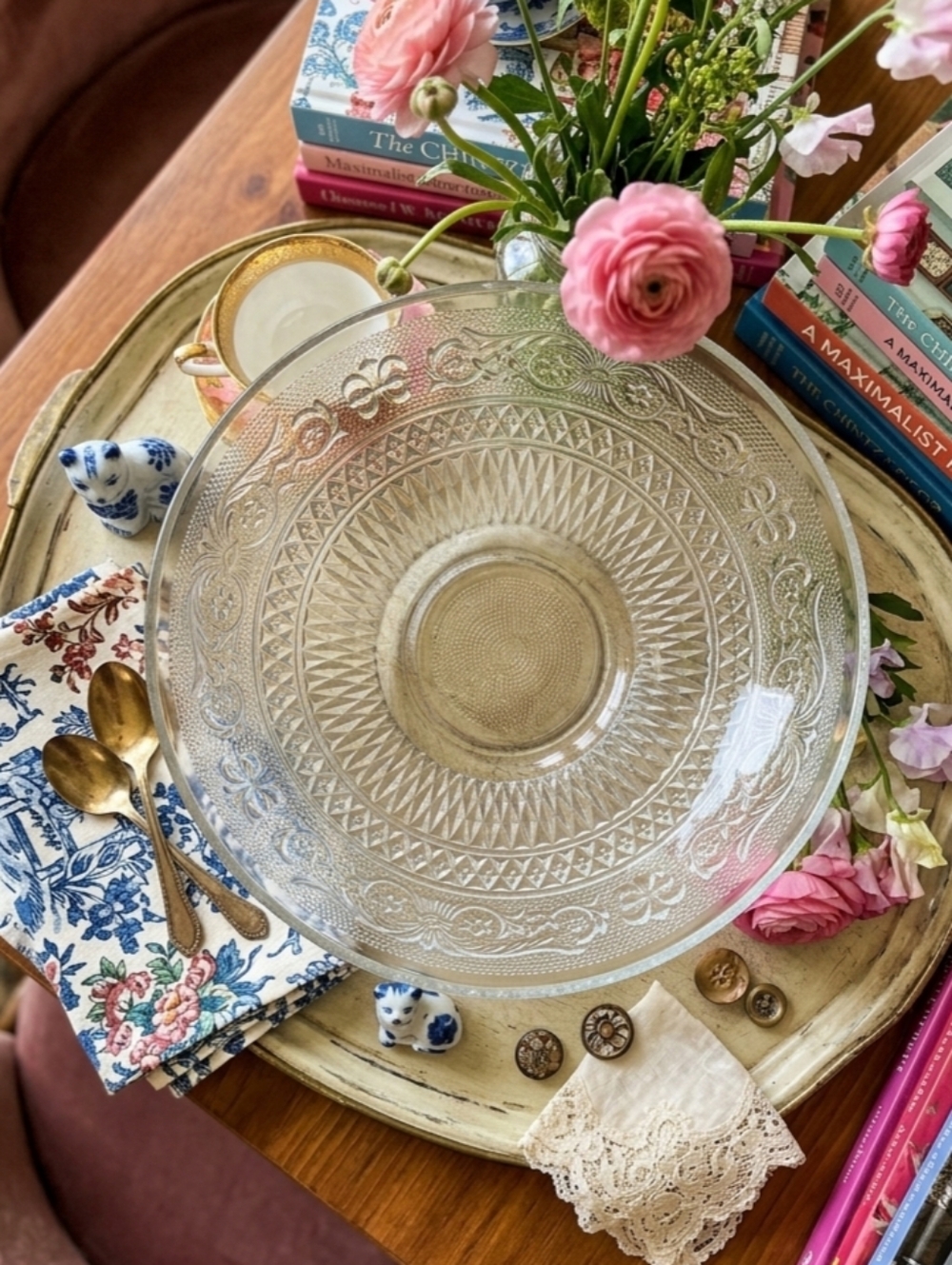 KIG Malaysia Clear Pressed Glass Bowl Vintage Fleur de Lis Trellis Pattern Retro
